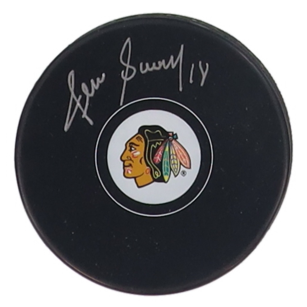 Denis Savard Signed Chicago Blackhawks Logo Puck–Schwartz COA– NHL Hall of Famer